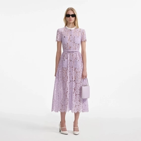 Self Portrait 006 Lace Button Front Midi Dress in Lilac Texture Blend