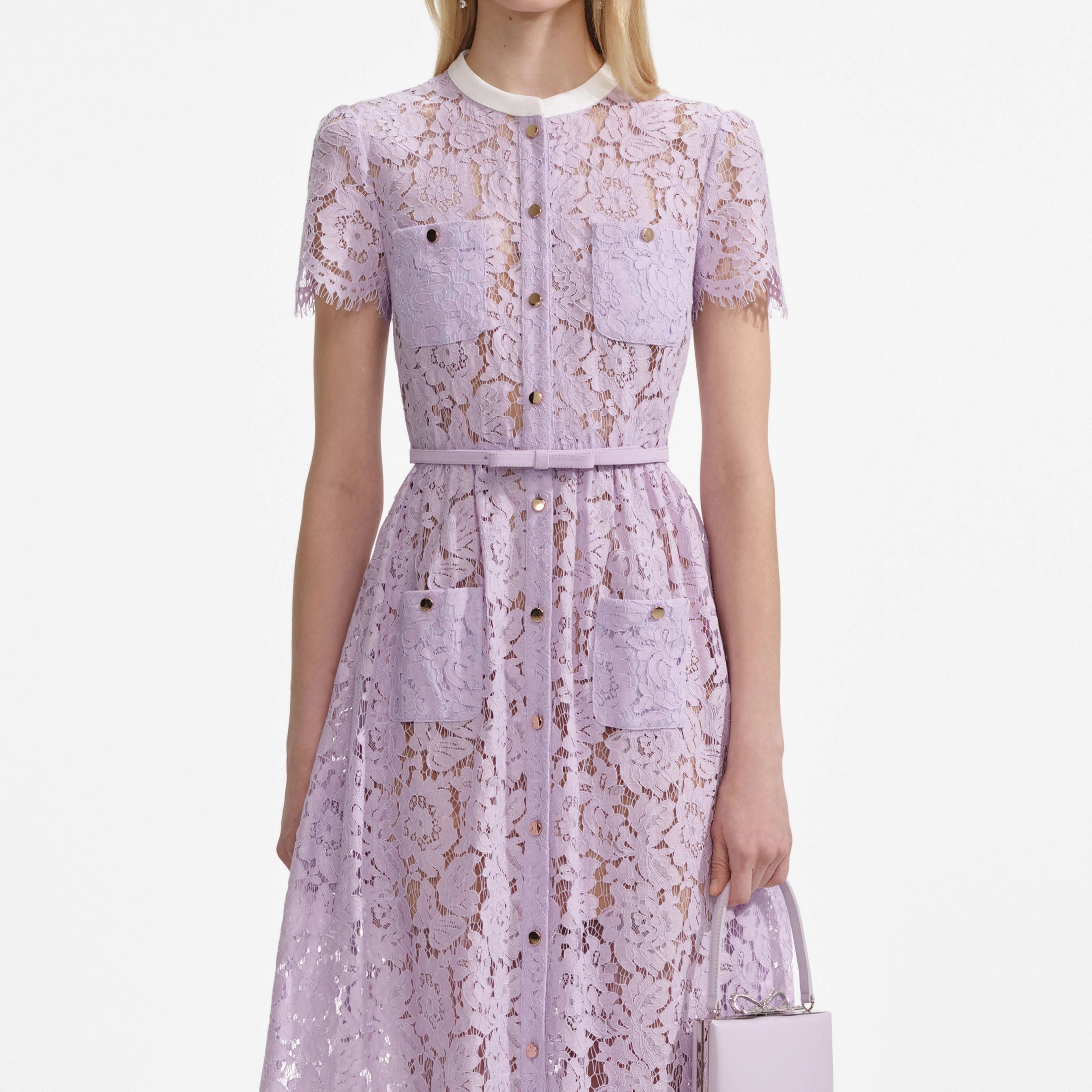 Self Portrait 006 Lace Button Front Midi Dress in Lilac Balanced Fit Date Vibe