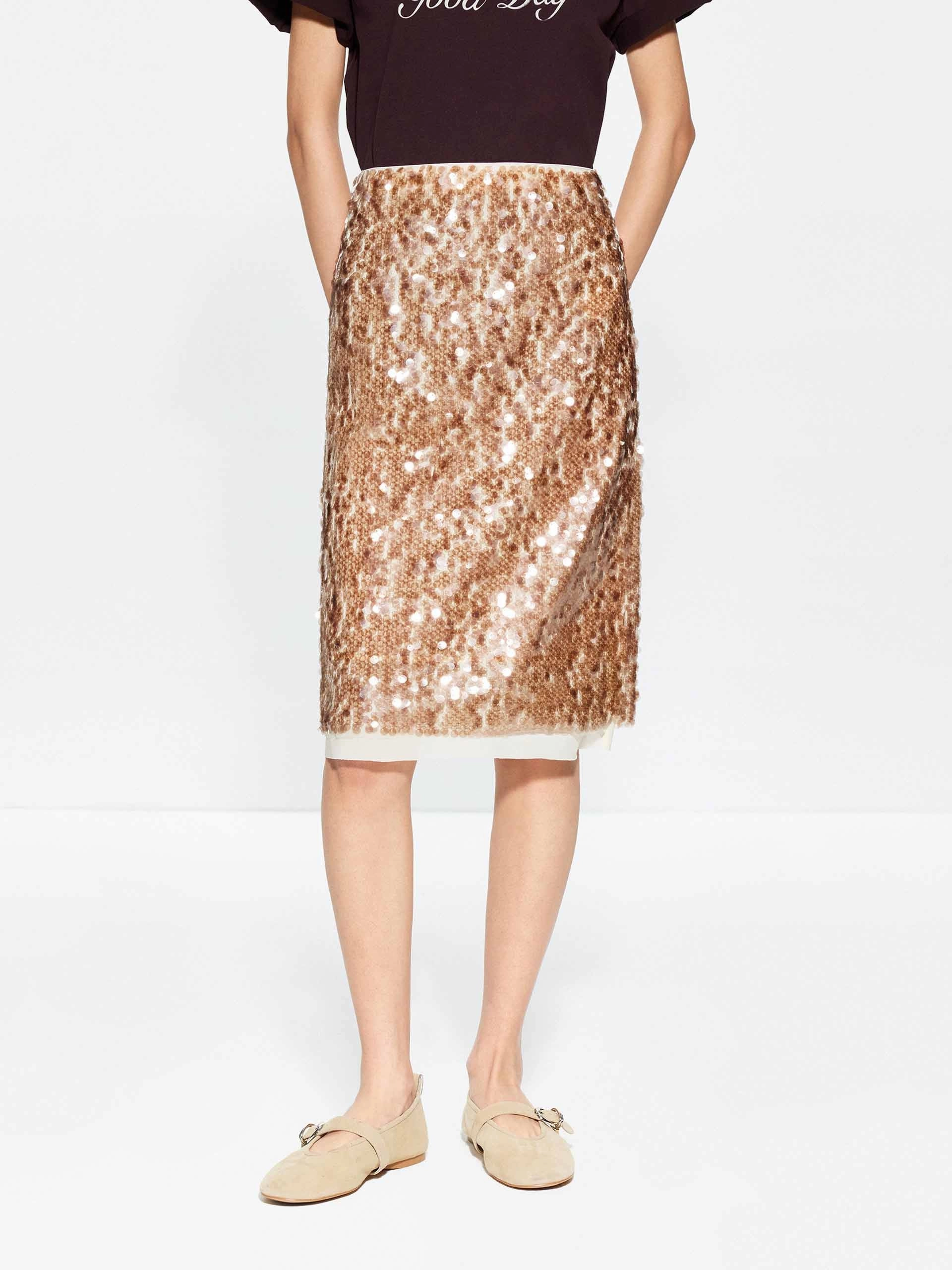 Sequin Layered Straight Skirt Flowy Drape Tonal Look