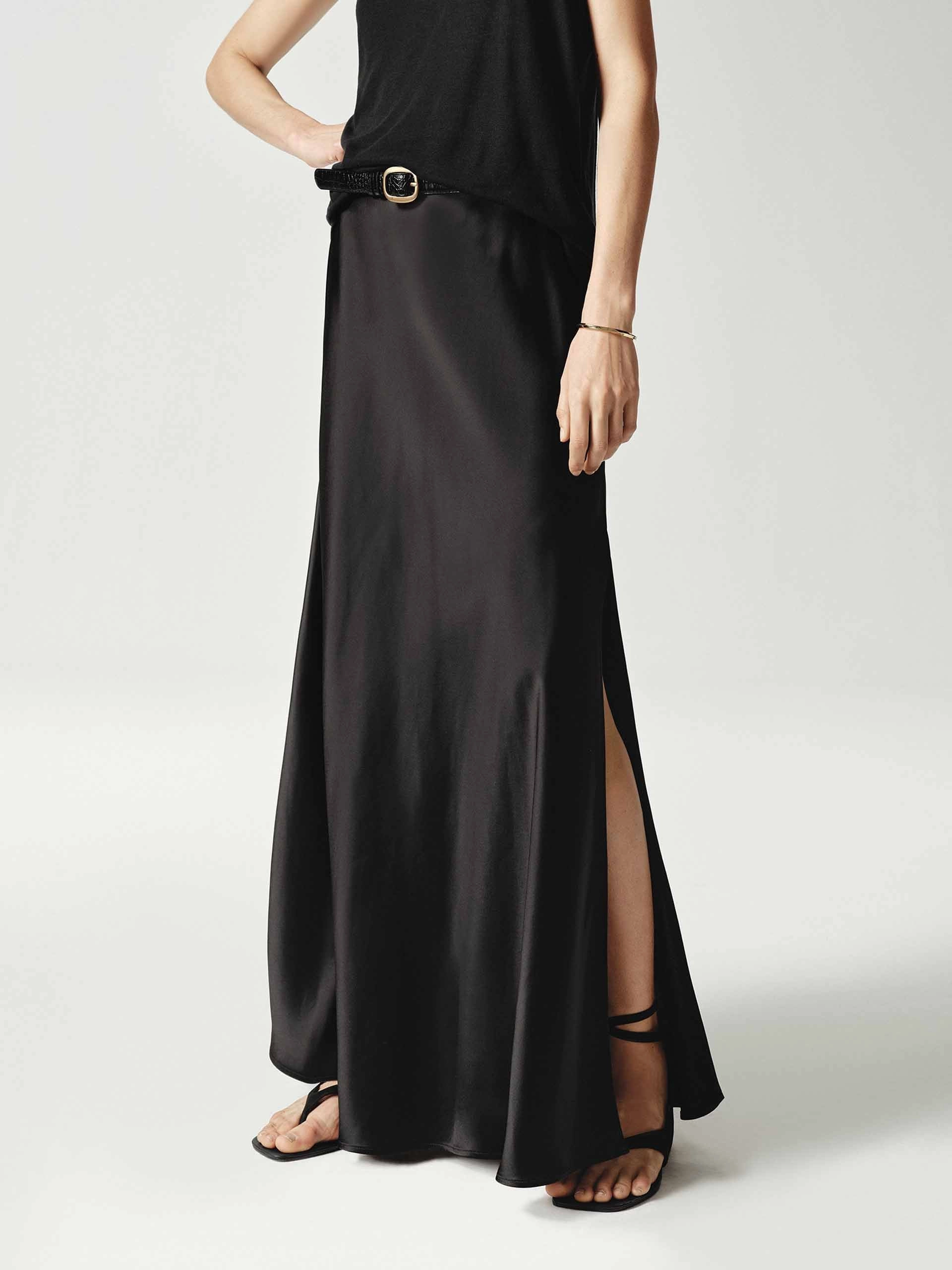 Side Slit Satin Maxi Skirt Inverted Pleats