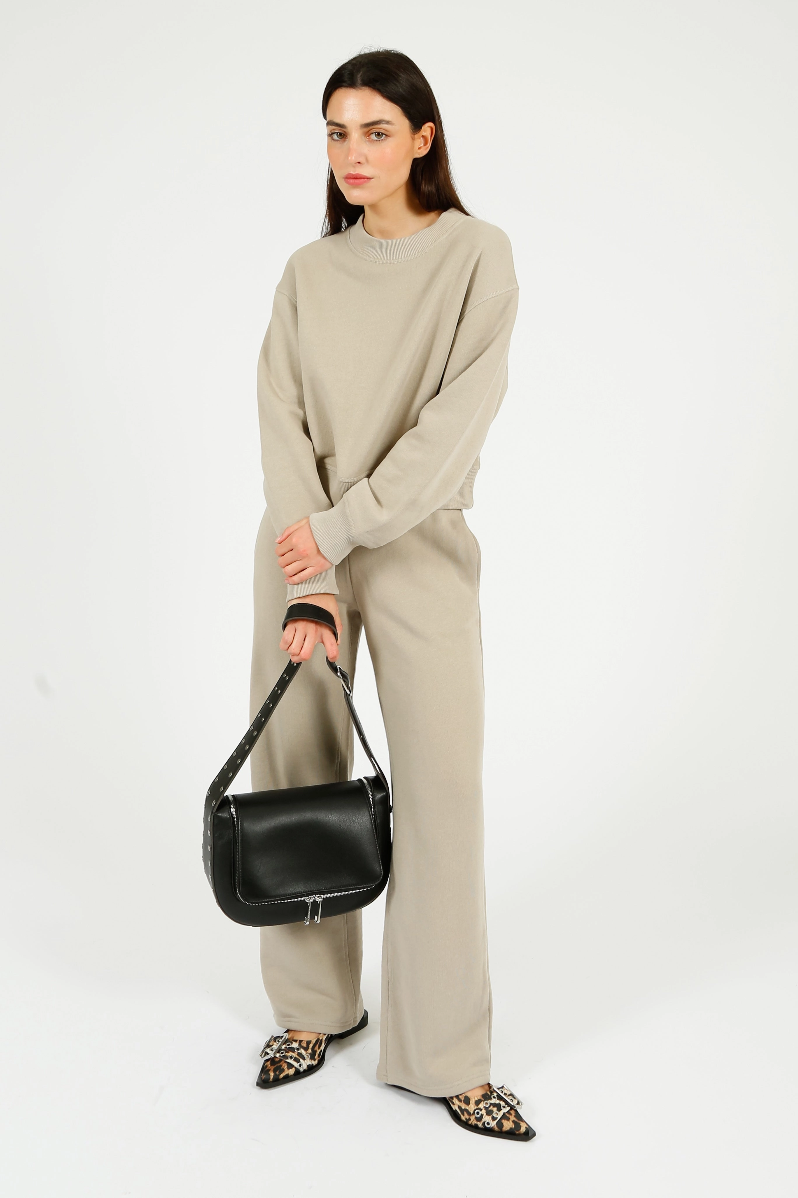 Trendy Waist Everyday Style R&B Vintage Terry Wideleg Sweatpant in Fossil