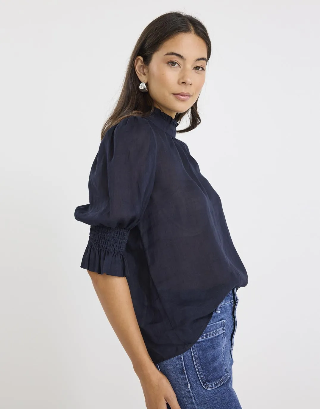 Verse Sheer High Neck Short Sleeve Top - Navy Yoke Design Custom Fit