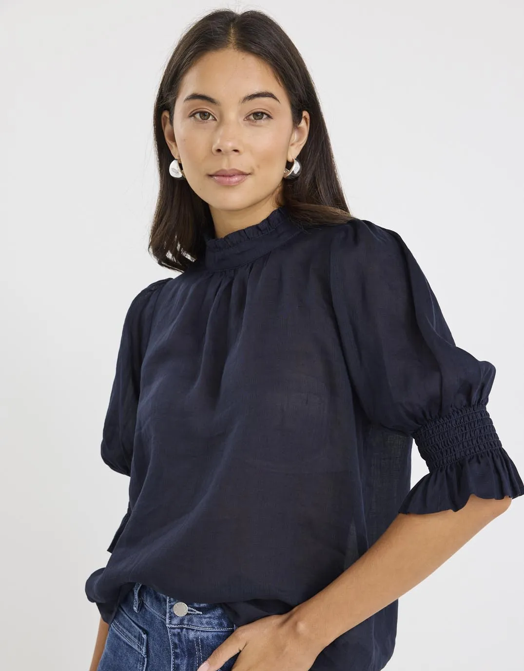 handmade touch Verse Sheer High Neck Short Sleeve Top - Navy