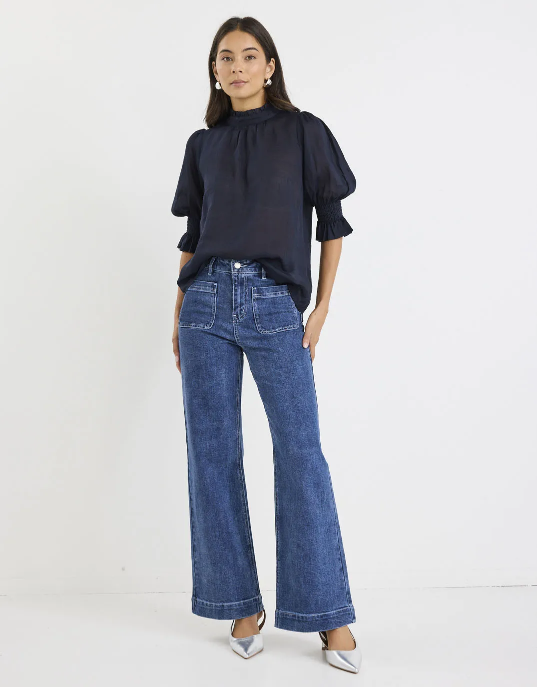 Verse Sheer High Neck Short Sleeve Top - Navy Earthy Hue Snag Free Surface