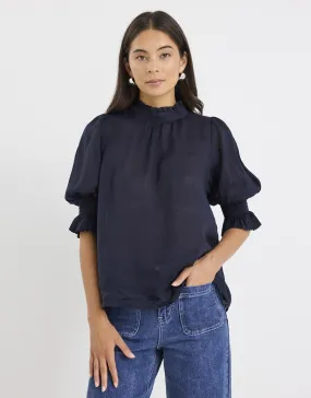 Wrinkle Resistant Finish Pocket Detail Verse Sheer High Neck Short Sleeve Top - Navy