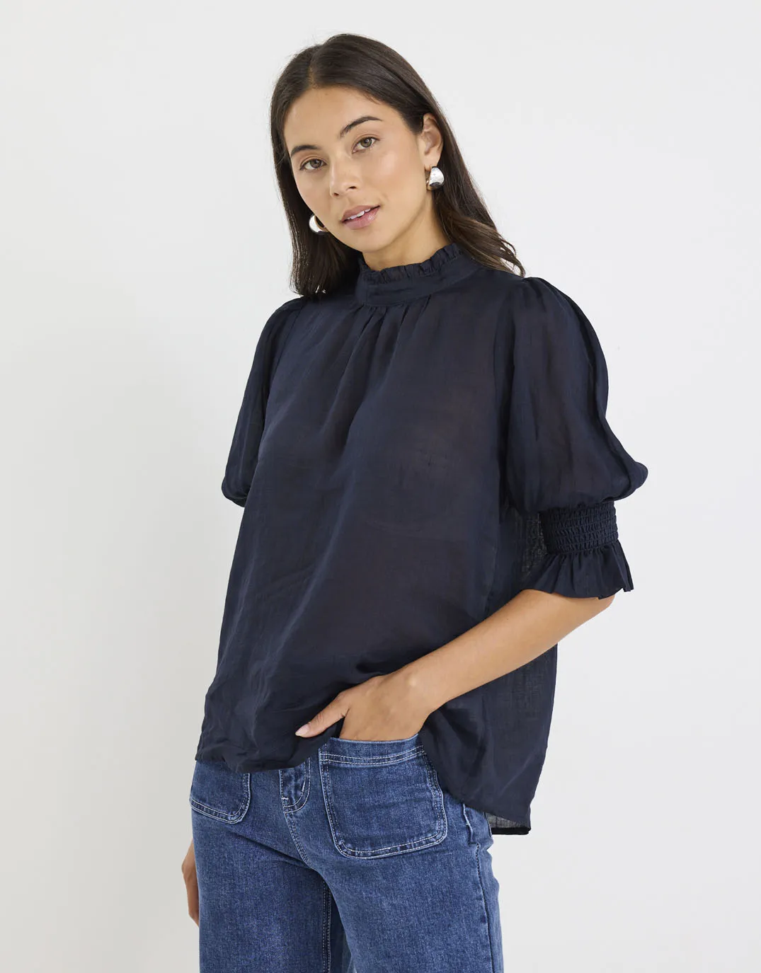 Verse Sheer High Neck Short Sleeve Top - Navy Long Sleeve Embroidered Logo