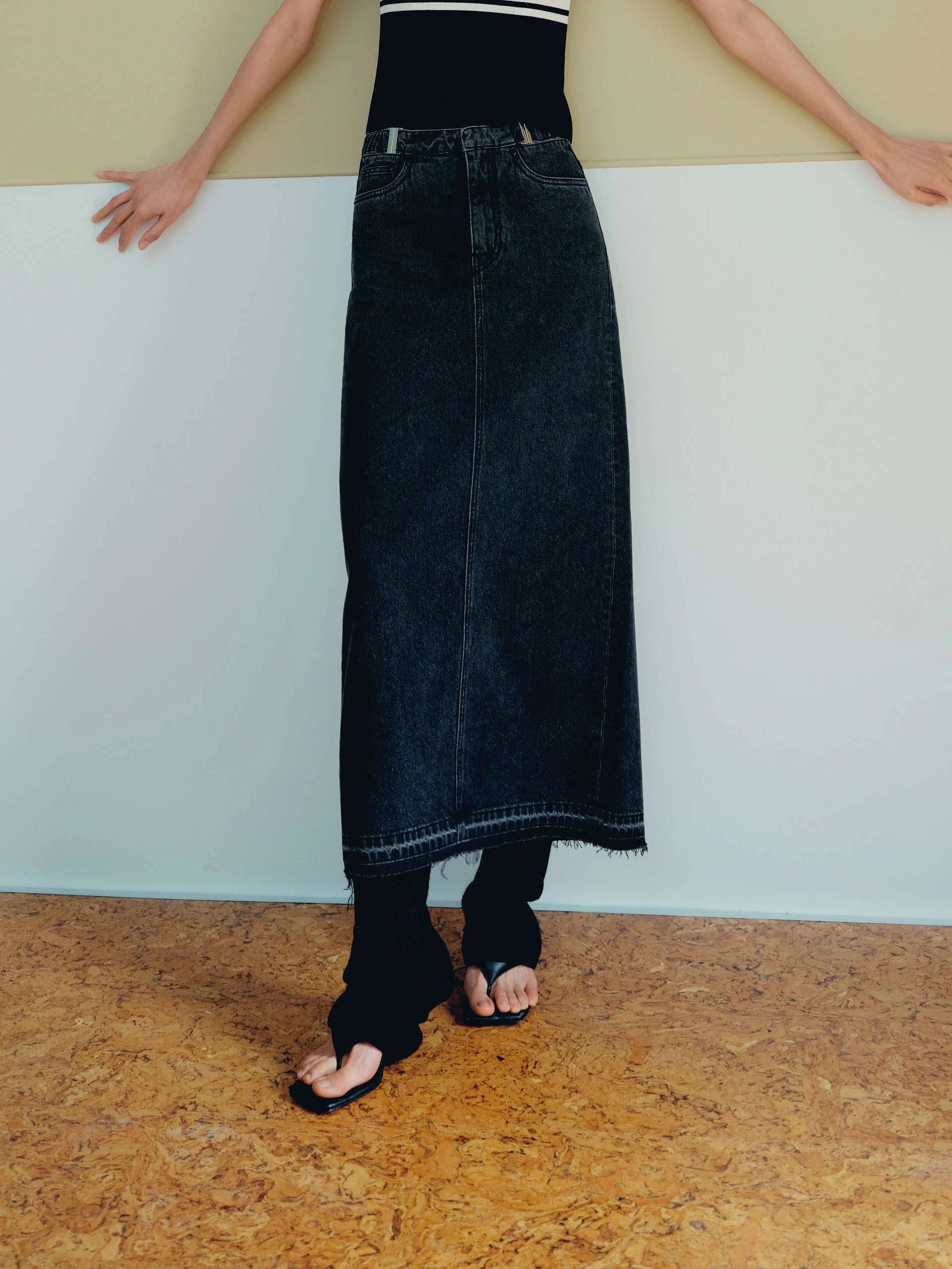 Quilted Texture Slit Back Maxi Denim Skirt