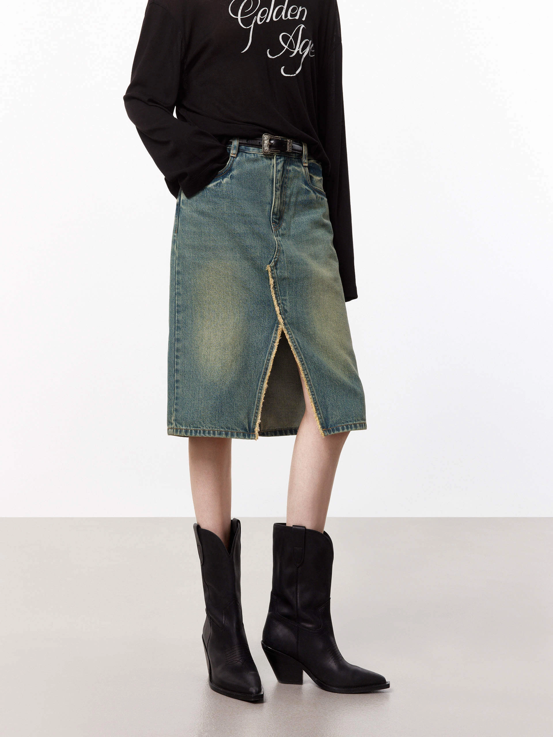 Weekend Style Flow Look Slit Detailed Denim Skirt