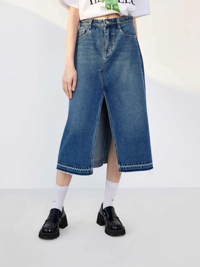 Breezy Flow Slit Front Midi Denim Skirt