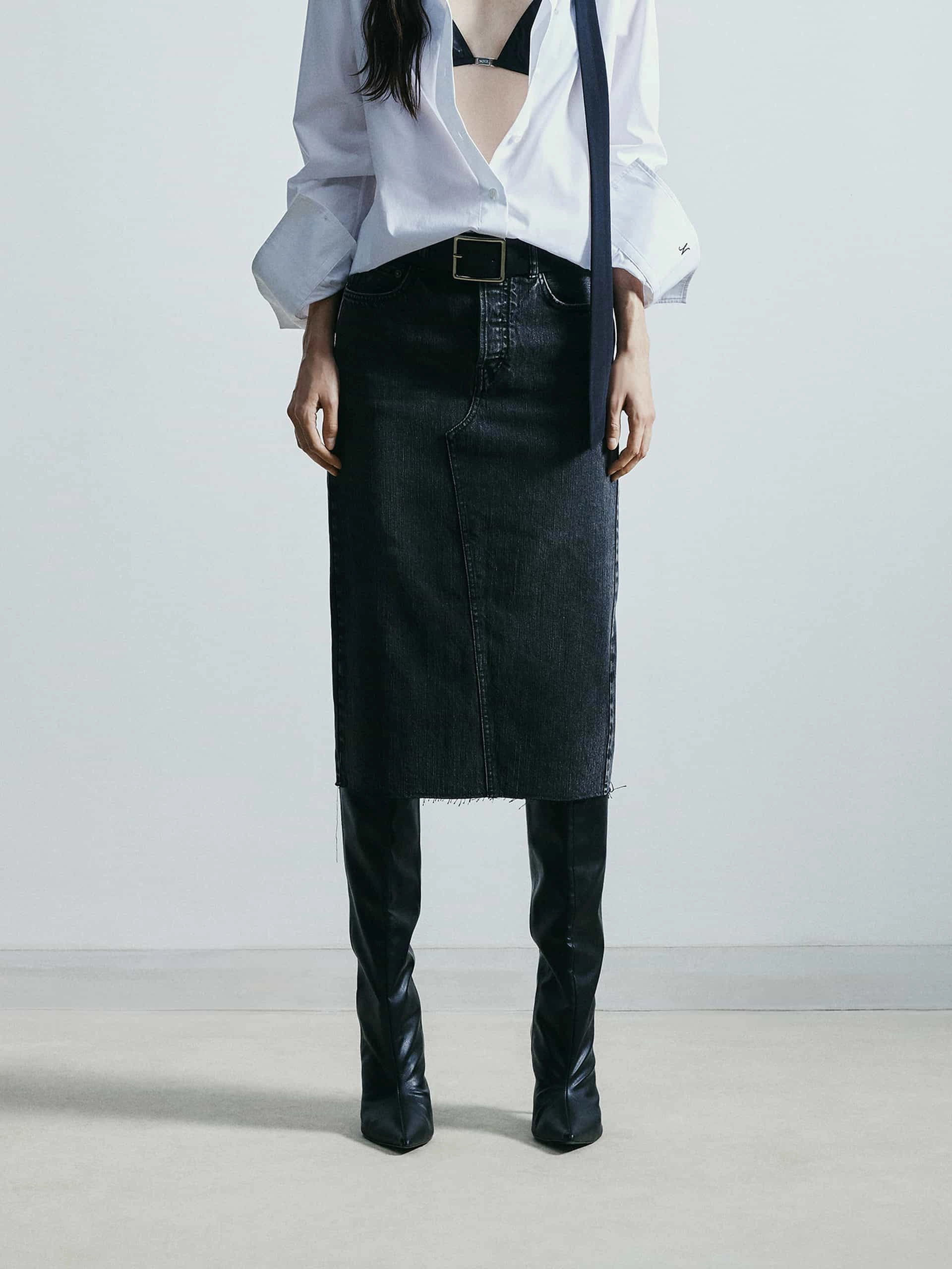 Back Slit Midi Denim Skirt Fold Over Detail