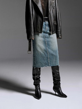 Back Slit Midi Denim Skirt Suede Feel Subtle Detail