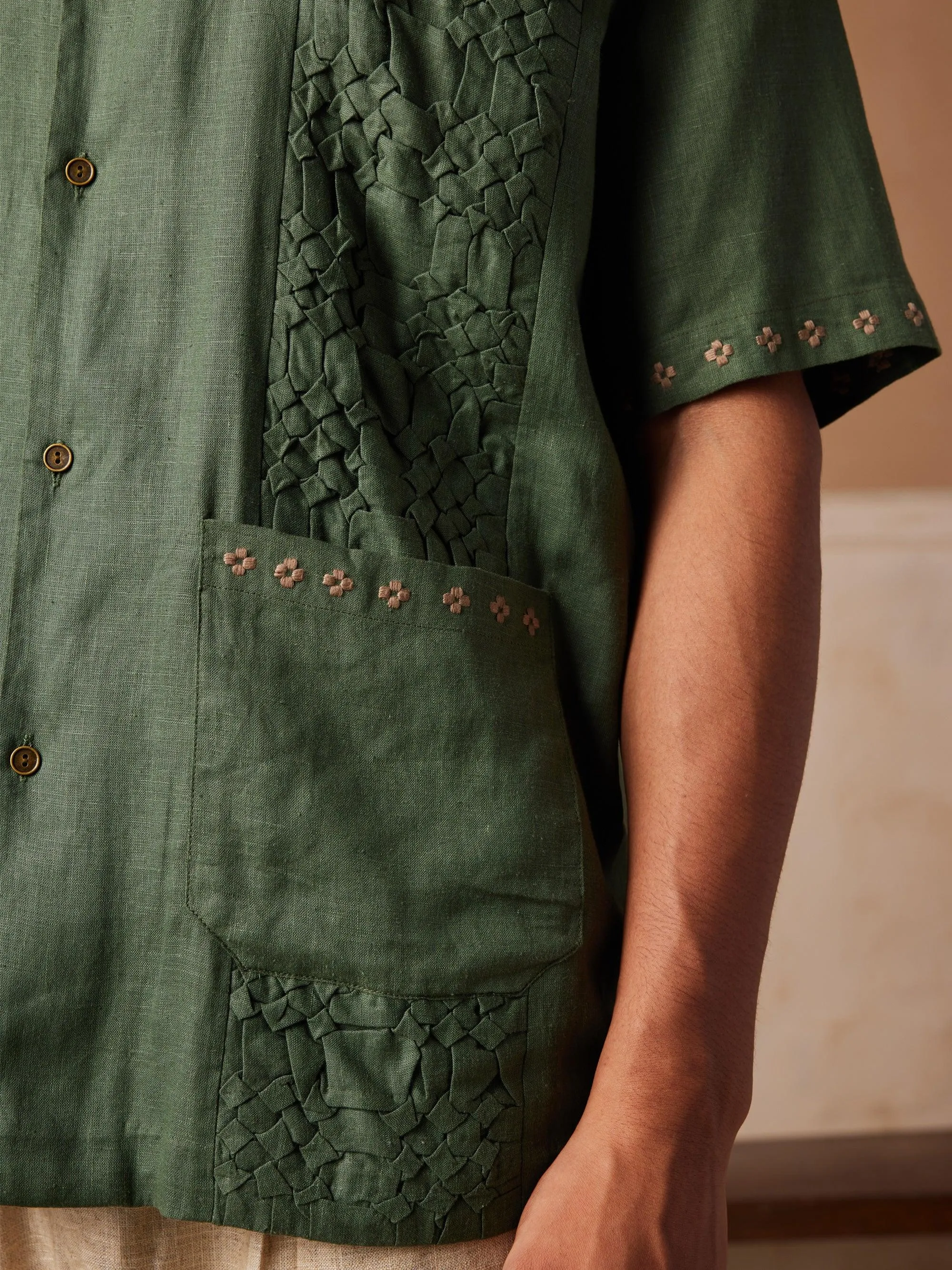 Hidden Button Placket Cuffed hem Smocked Shirt