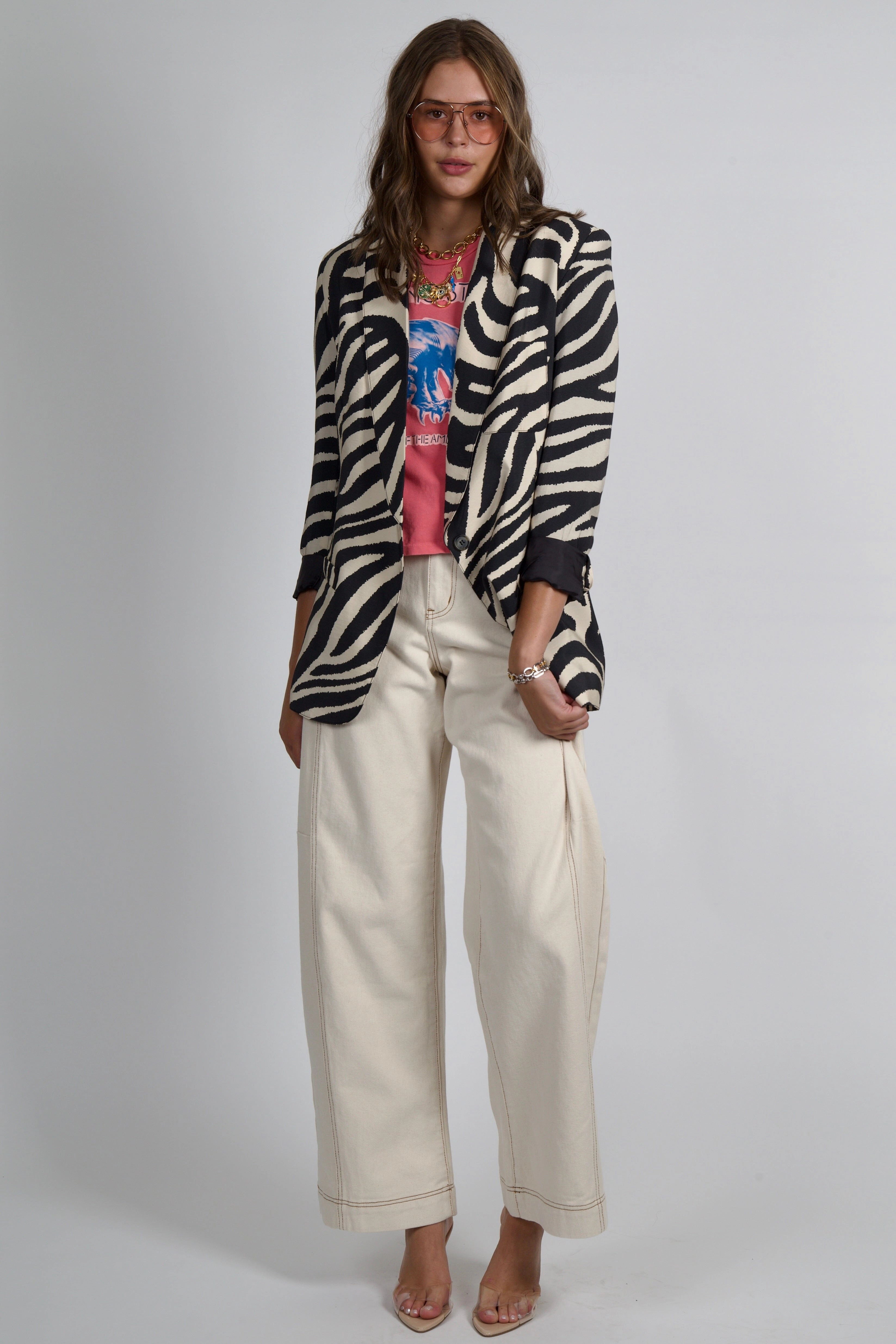 Compact Design Snag Free Zipper Technology SMYTHE | Shawl Collar Oversized Blazer - Black/White