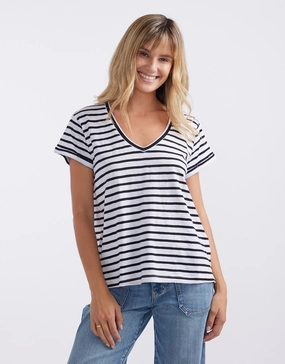 Turn Back V Neck T-Shirt - White/Black Stripe Quick Wear