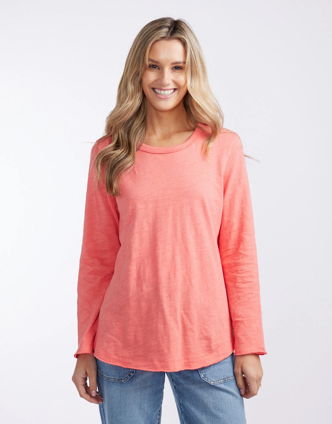 Simple Yet Cozy Essential Scoop Hem Long Sleeve T-Shirt - Melon