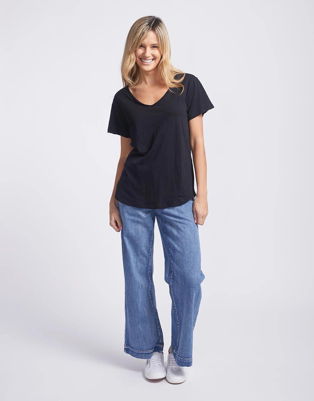 Ribbed Collar Trim Original V Neck T-Shirt - Black