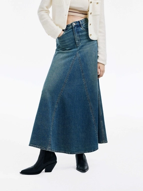 Paneled Denim Midi Skirt Signature Detail Outfit Shot