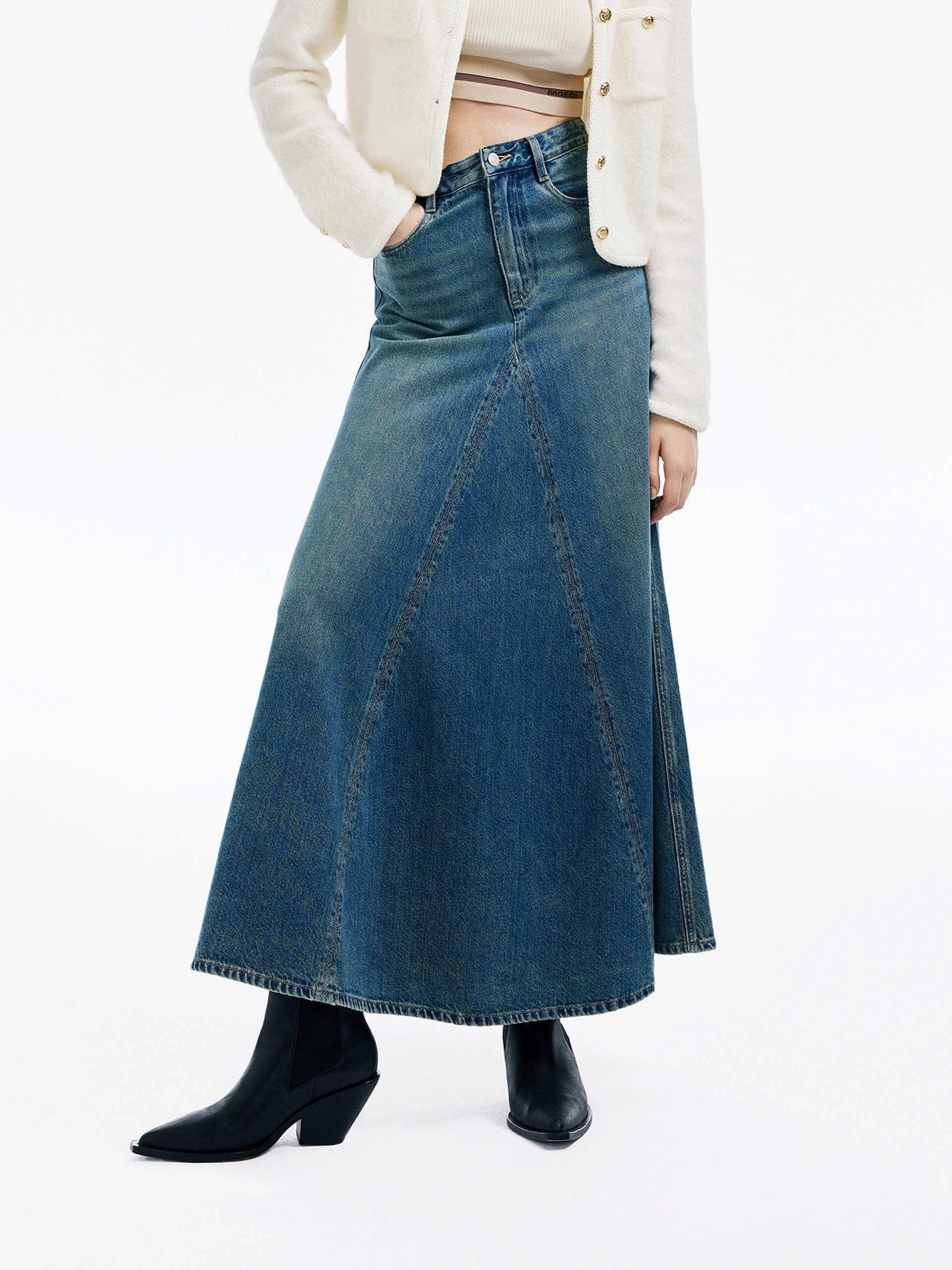 Non Restrictive Bold Accent Paneled Denim Midi Skirt