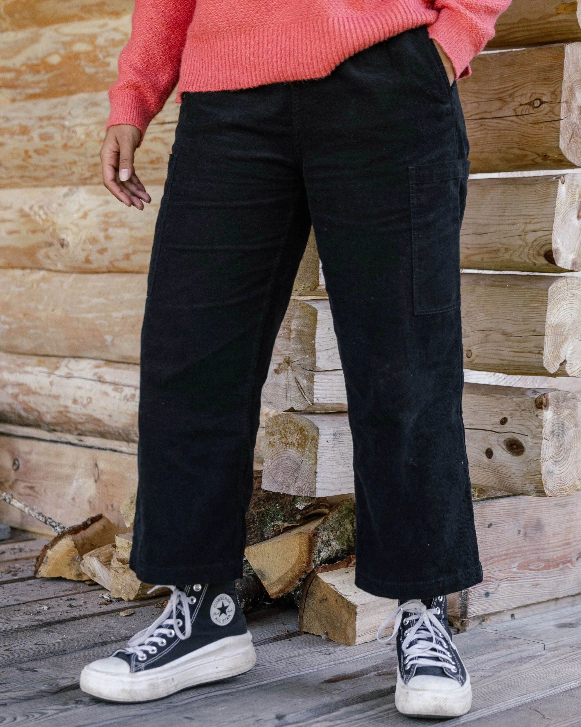 Flexible Material Someday Organic Cotton Corduroy Cropped Trouser - Black