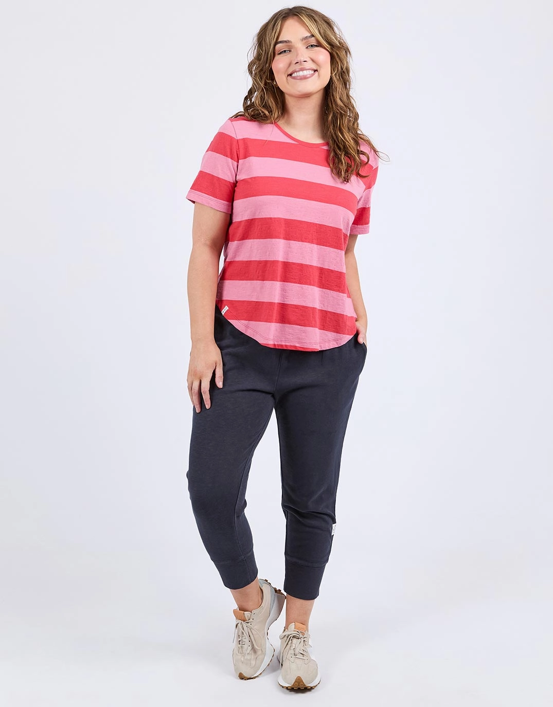 easygoing look Boat neck style Spritz Stripe Short Sleeve Tee - Cayenne & Chateau Rose Stripe