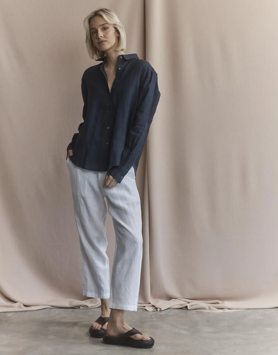 Katie Linen Shirt - Navy Layered Sleeve Cuffs
