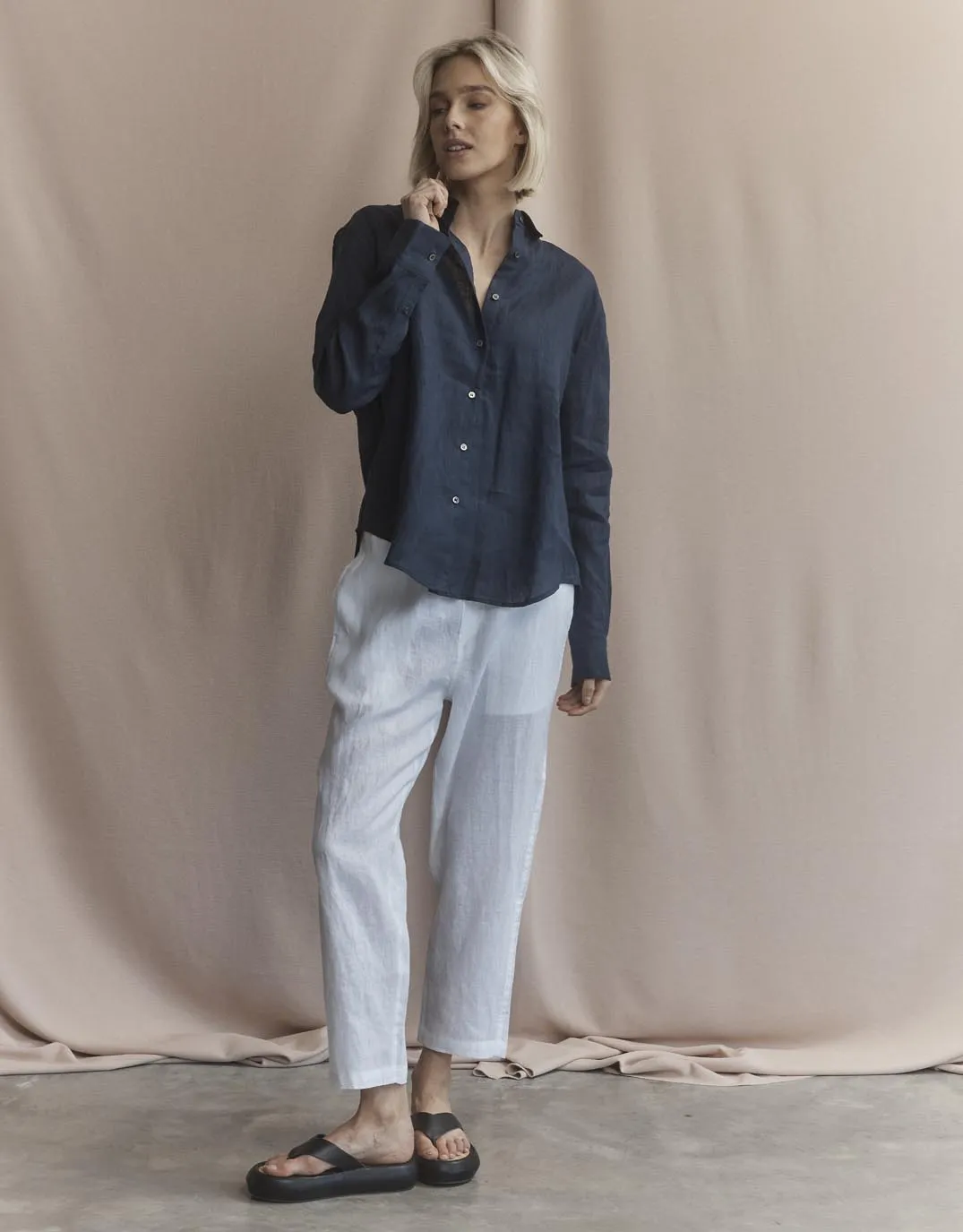 Katie Linen Shirt - Navy V-neck style Minimalist Aesthetic