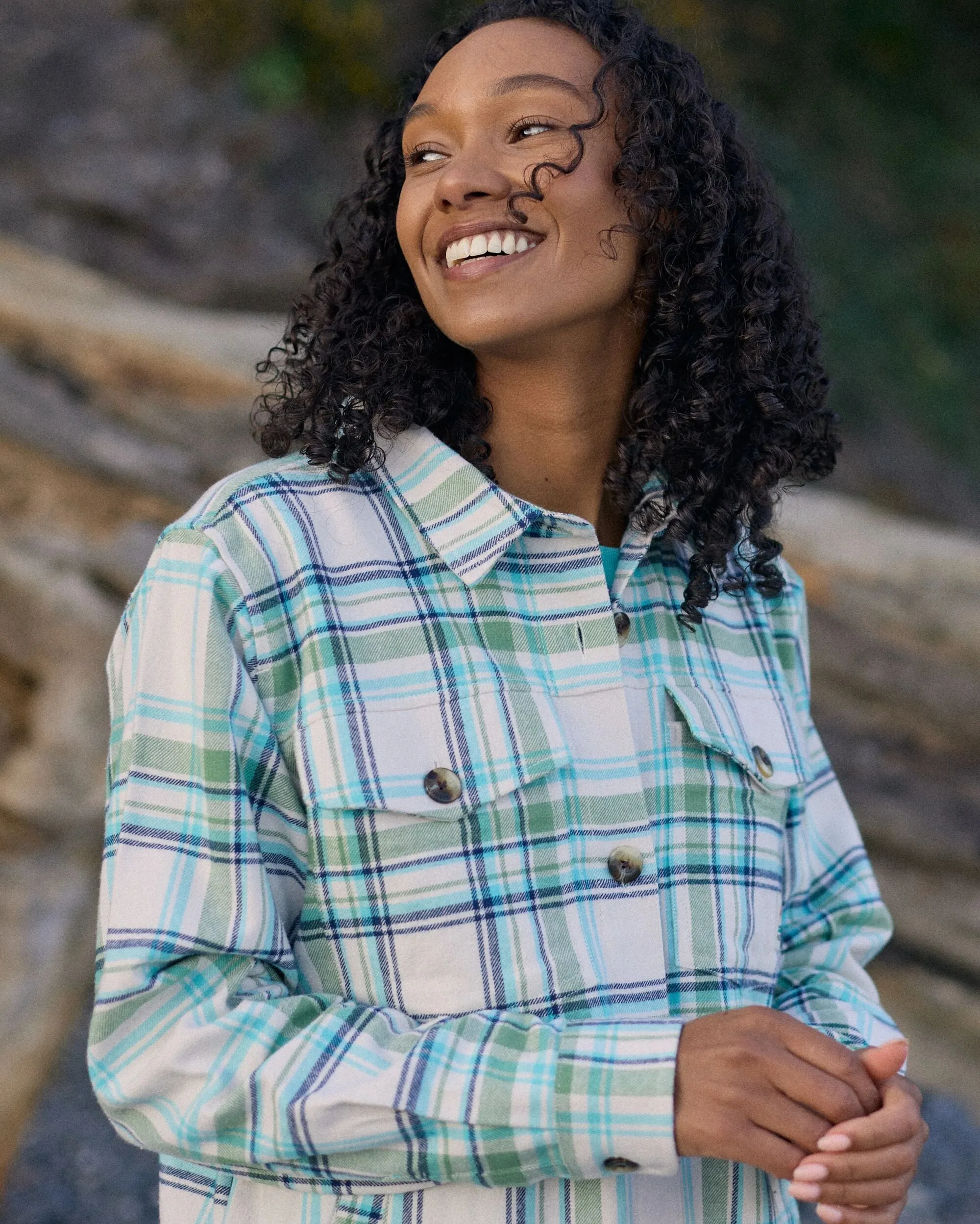 Stella Organic Cotton LS Shirt - Vintage White/Stem Green Check crew neck