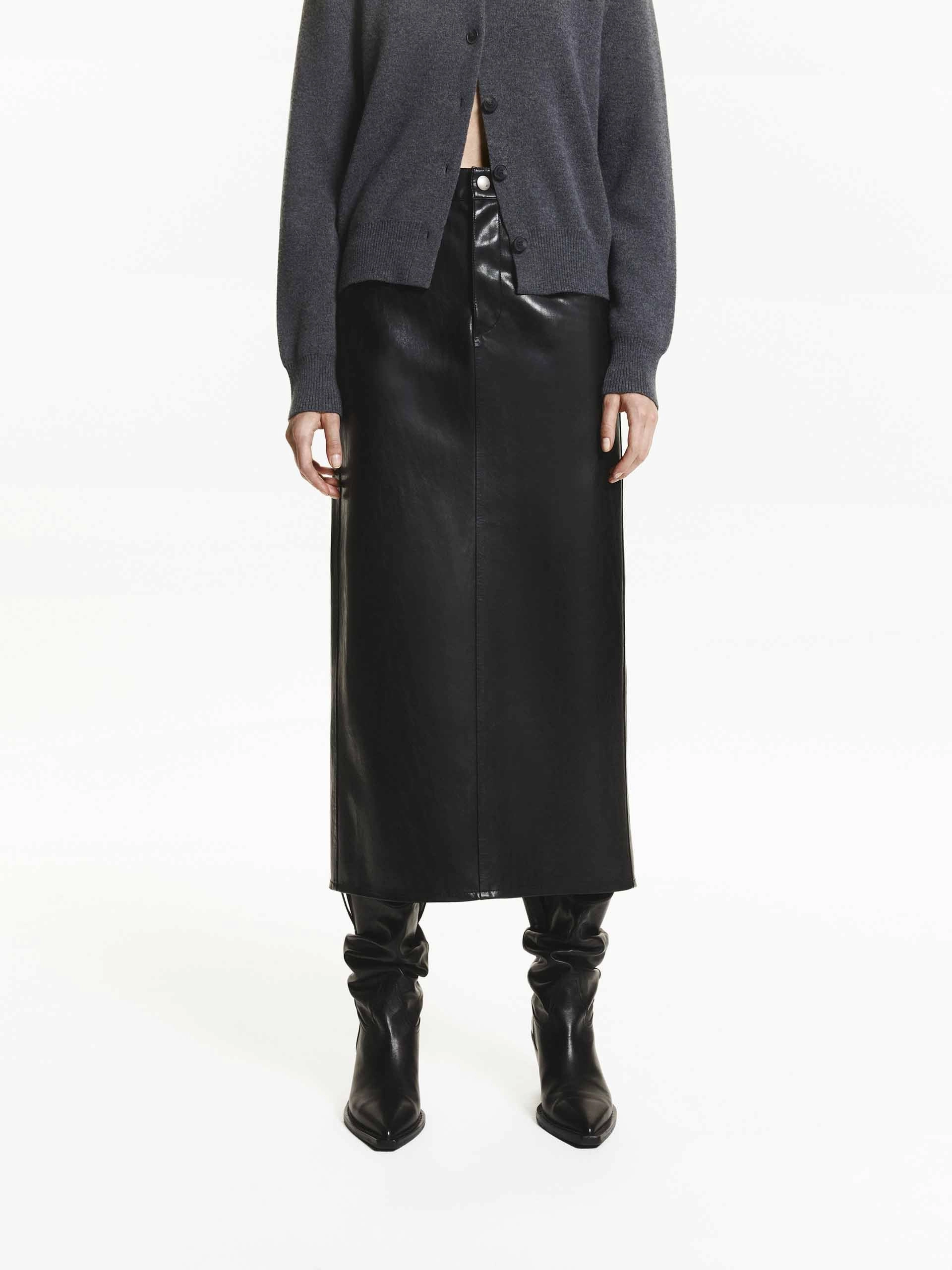 Straight Midi Leather Skirt Flexible Knit