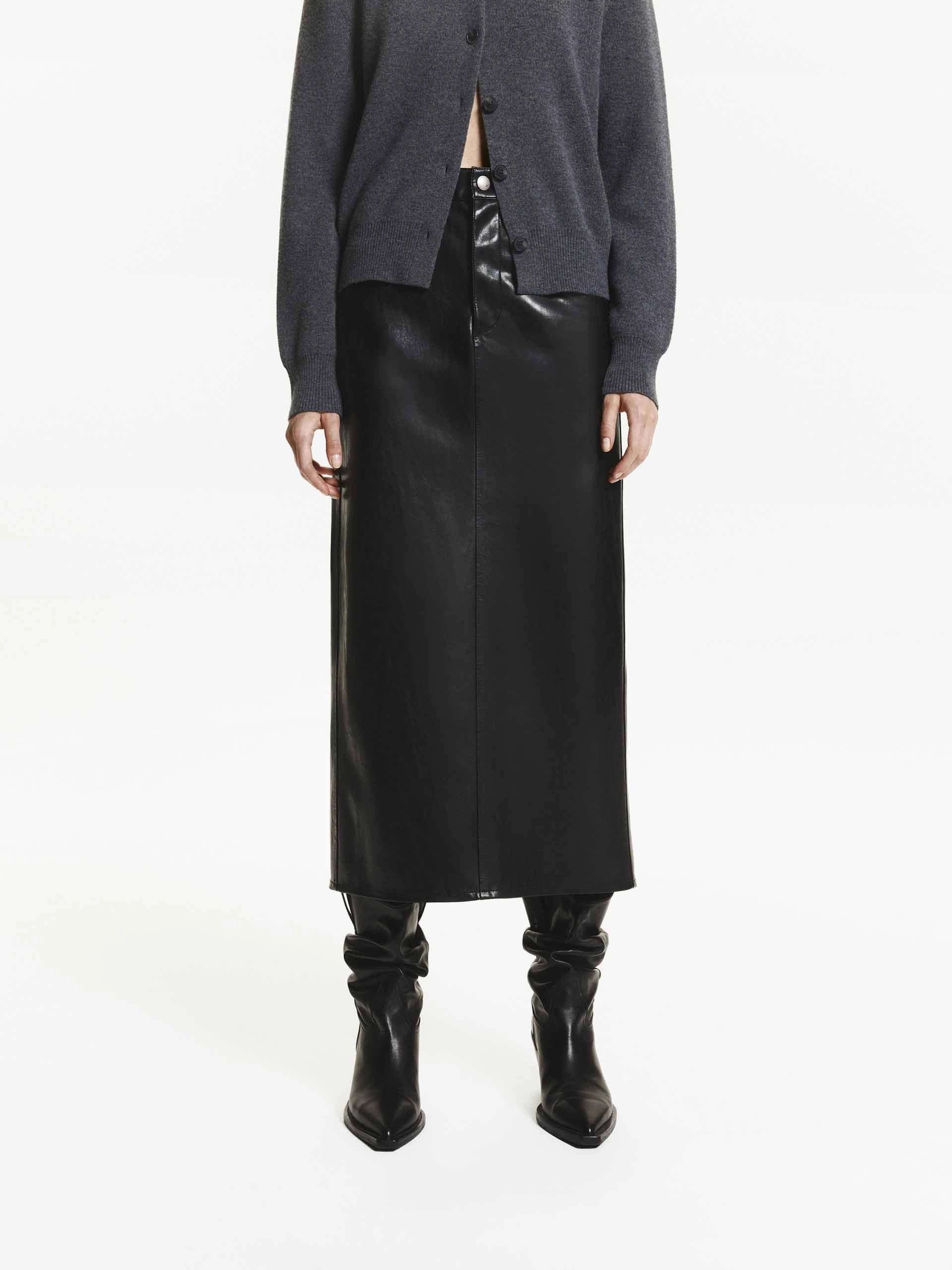 Straight Midi Leather Skirt beaded embellishment Mid Rise