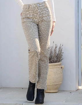 Stretch Straight Leg Jean - Leopard Oatmeal Double Layered Knees Tailored Silhouette