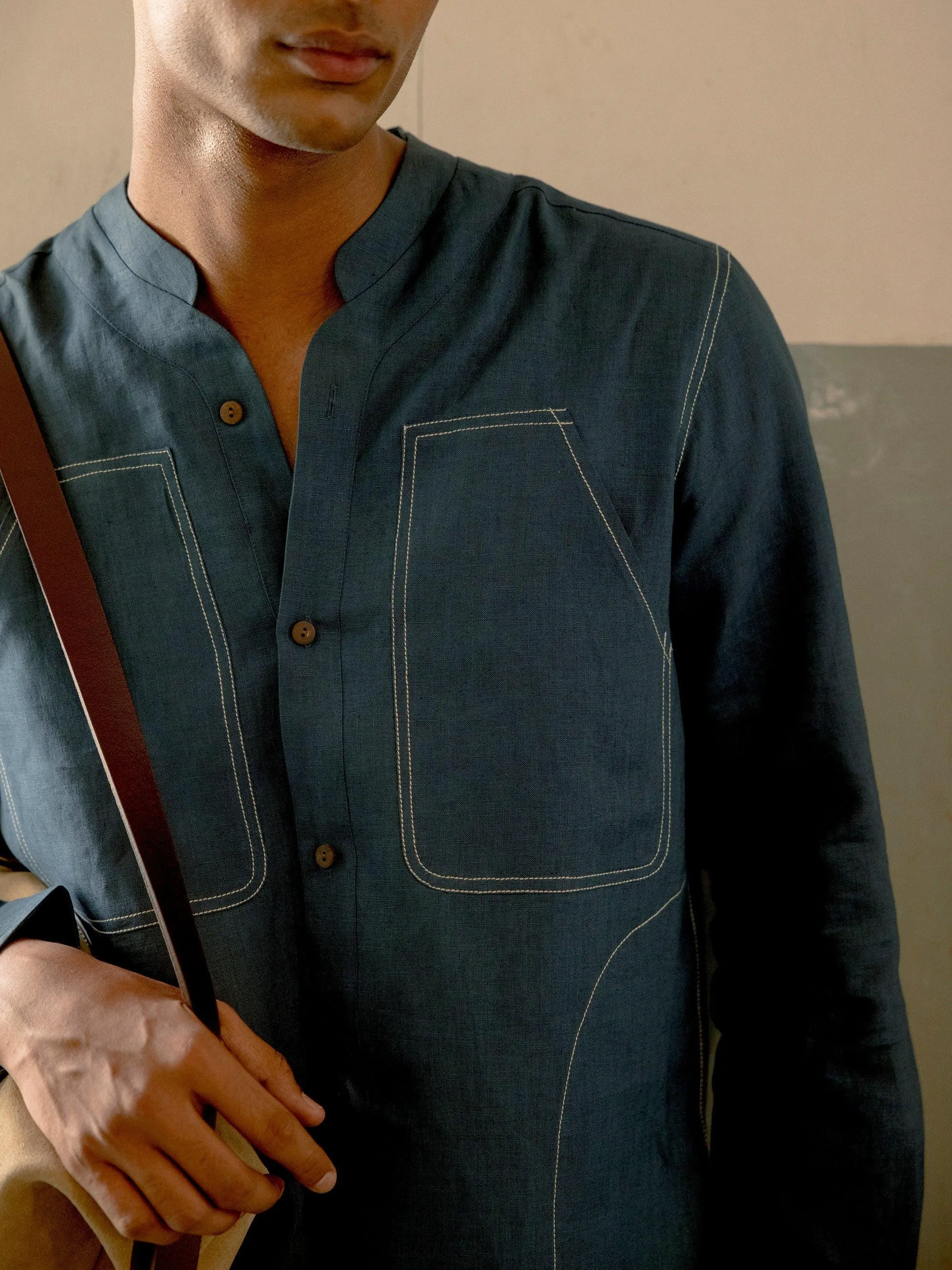 Stitch Collarless Shirt Quick Release Placket Dressy look
