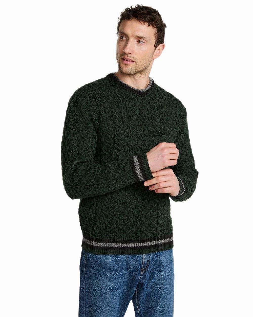 Abrasion Resistant Yarn DropShoulder Design Aran Mens Inishbeg Stripe Crewneck Merino Sweater