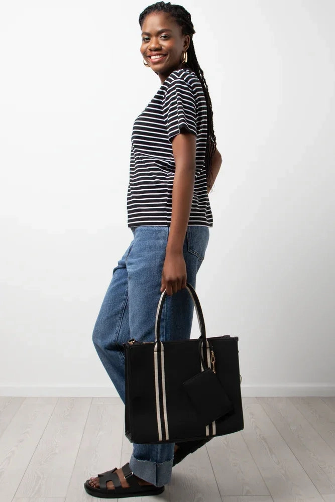 Comfortable Wear LightweightMaterial Stripe Crew Neck Short Sleeve T-Shirt Black And White