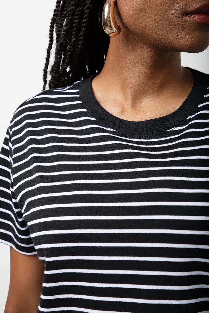 Layered Sleeve Stripe Crew Neck Short Sleeve T-Shirt Black And White