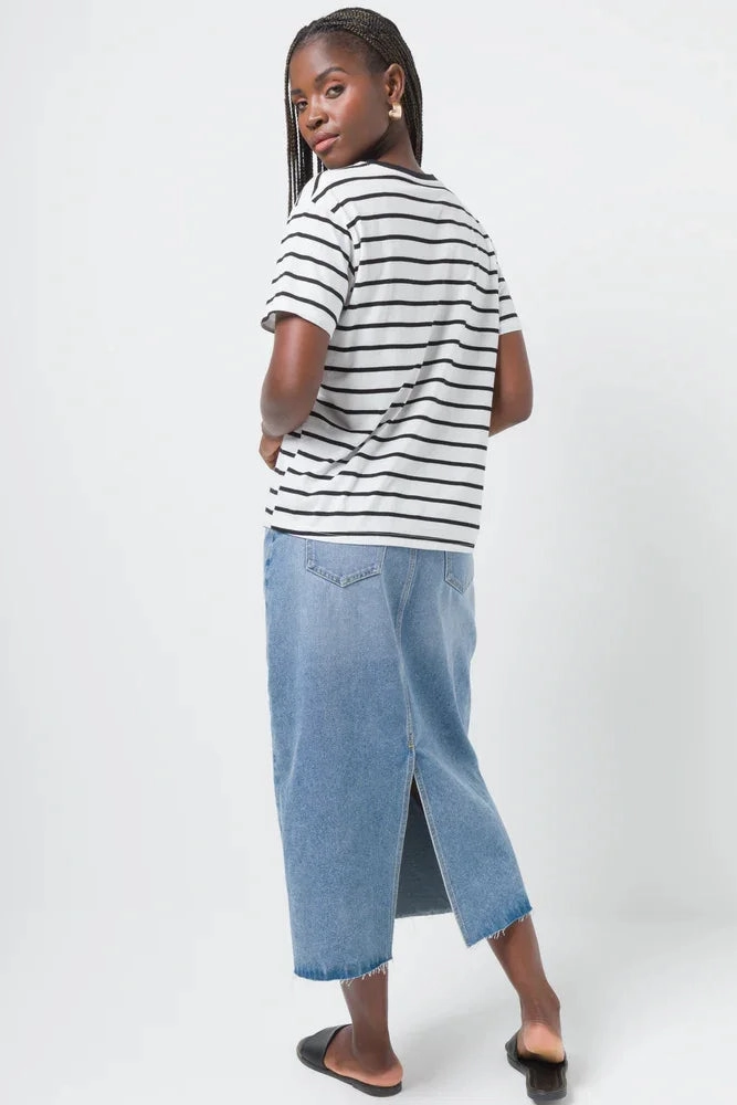 Airy Mesh Lining Stripe Short Sleeve T-Shirt White And Black