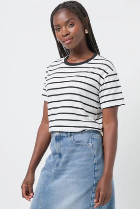 Adjustable Hem Cuff Lightweight Layering Option Stripe Short Sleeve T-Shirt White And Black