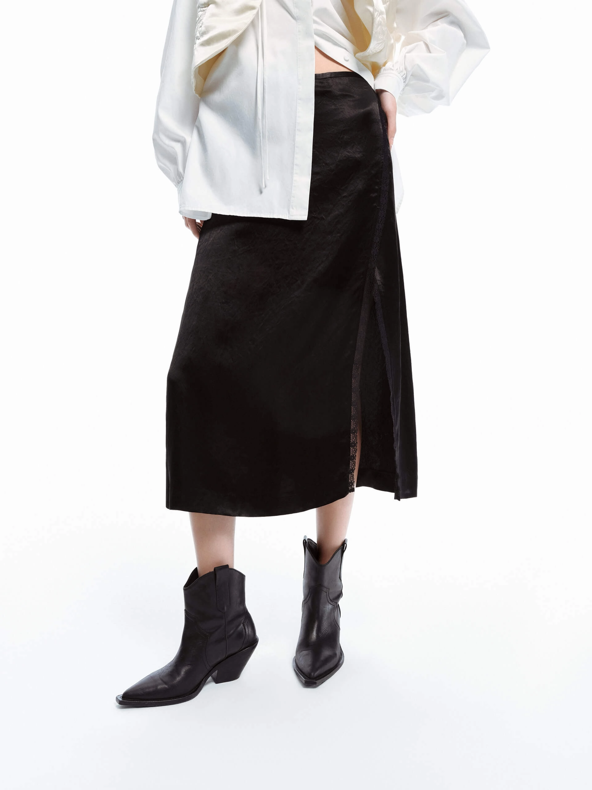 Slant Slit Detail Midi Skirt Minimalist Layering Soft Texture