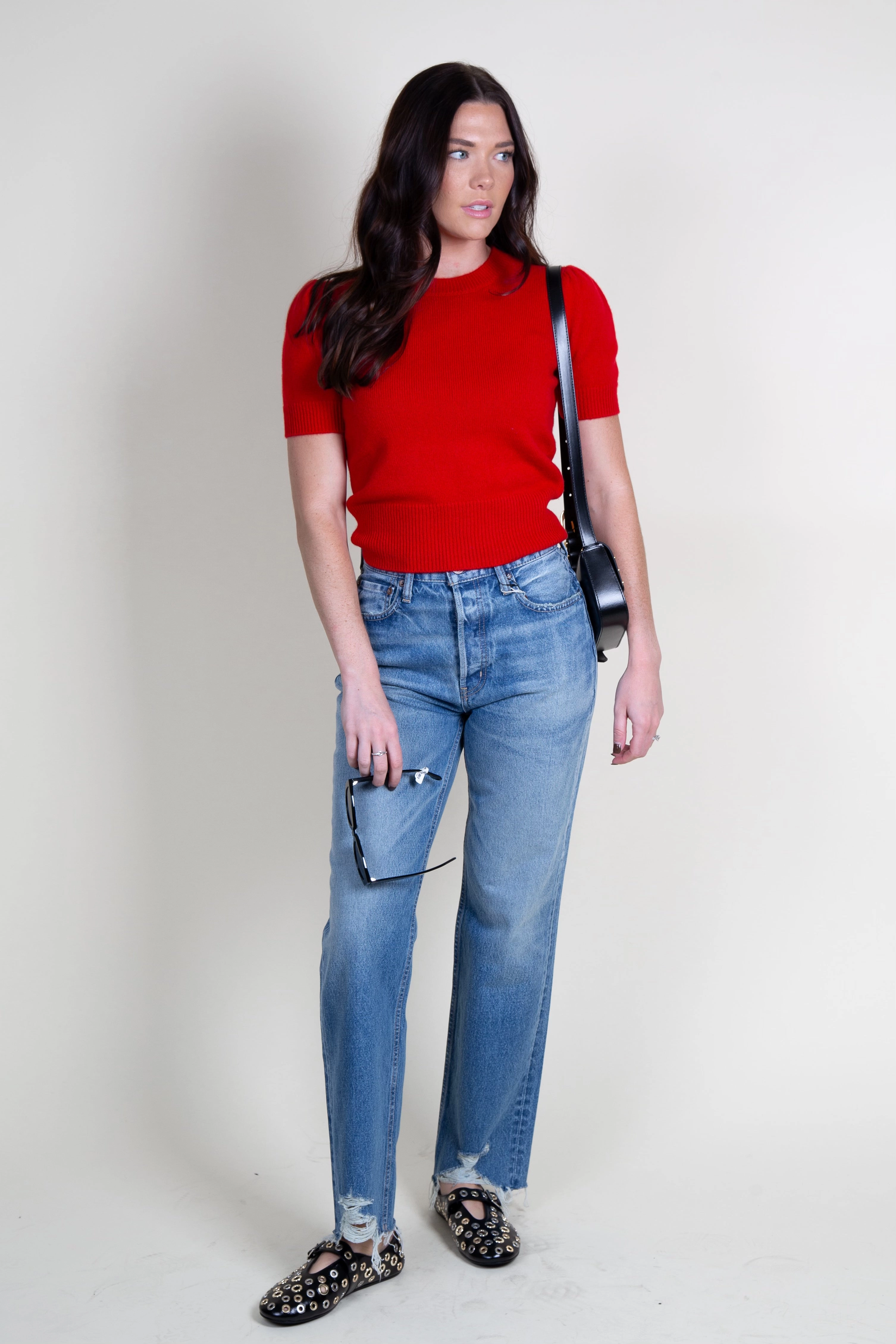 Textured Weave Design Odor Control Technology FRAME | Cashmere Gathered Sweater - Red