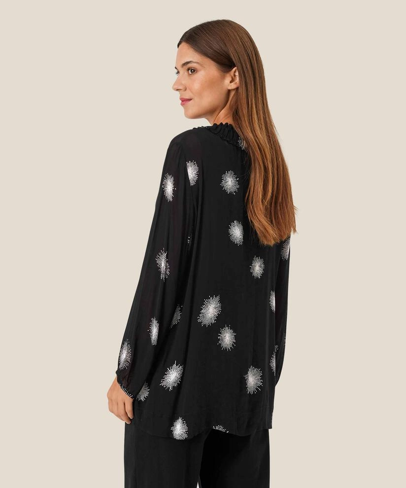 Multi Directional Zipper Placement Rolled Hem Detailing 1010097 MaBunika Top - Black Print