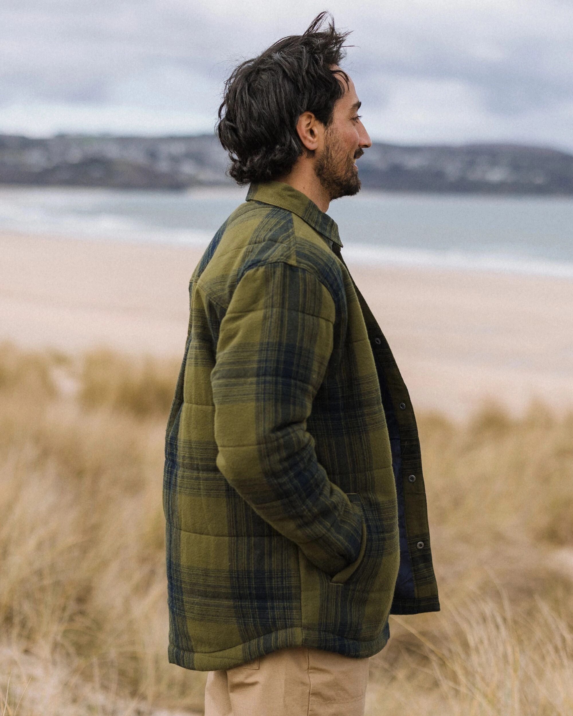 Soft Weather Wear Adjustable Hemline Taranaki Quilted Overshirt - Navy/Khaki Check