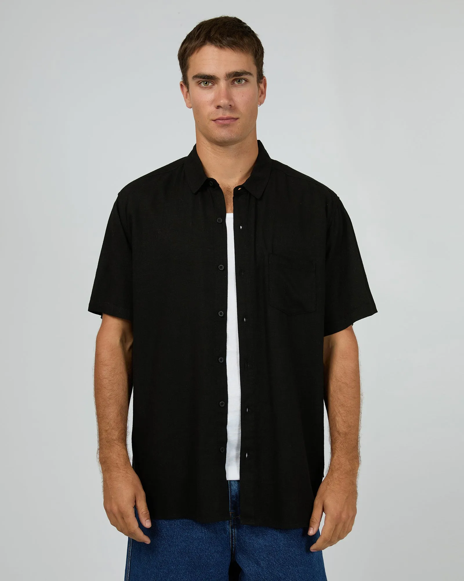 Textured Linen SS Shirt Black Coffee Run
