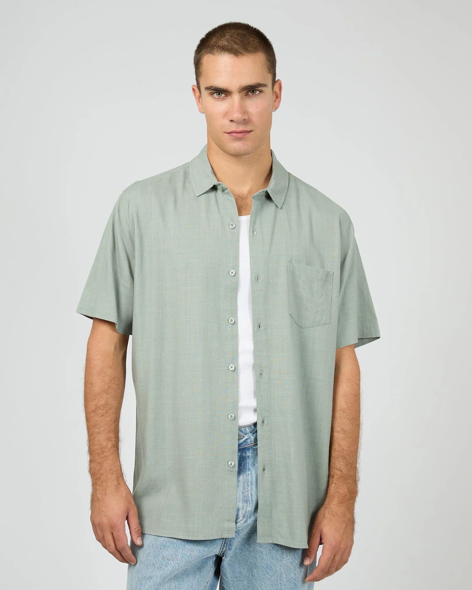 Reinforced Shoulders Abstract art Textured Linen Ss Shirt Green