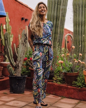 Layered Wear Cozy and Relaxed Thimbleberry Jumpsuit - Abstract Seaweed Tidal Blue