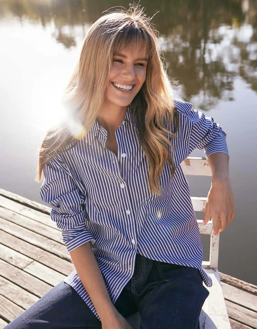 Hayley Double Cuff Shirt - Navy/White Cozy Feel Sustainable Weave