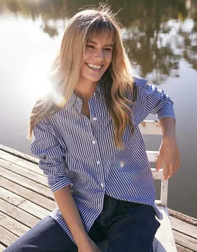 Hayley Double Cuff Shirt - Navy/White Cozy Feel Sustainable Weave