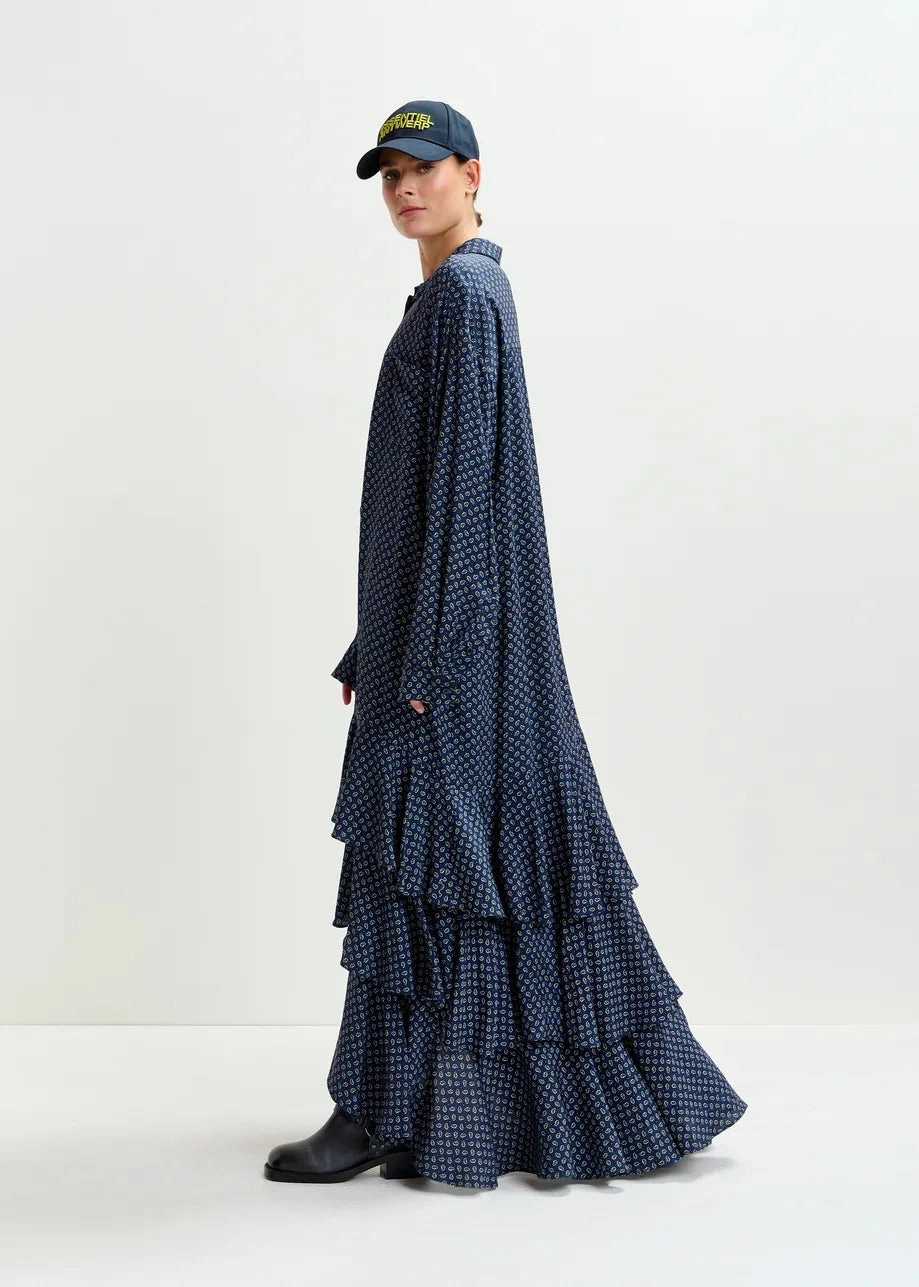 Essentiel Antwerp Imagazine Tiered Ruffle Dress in Black Iris Light And Airy Soul Warm