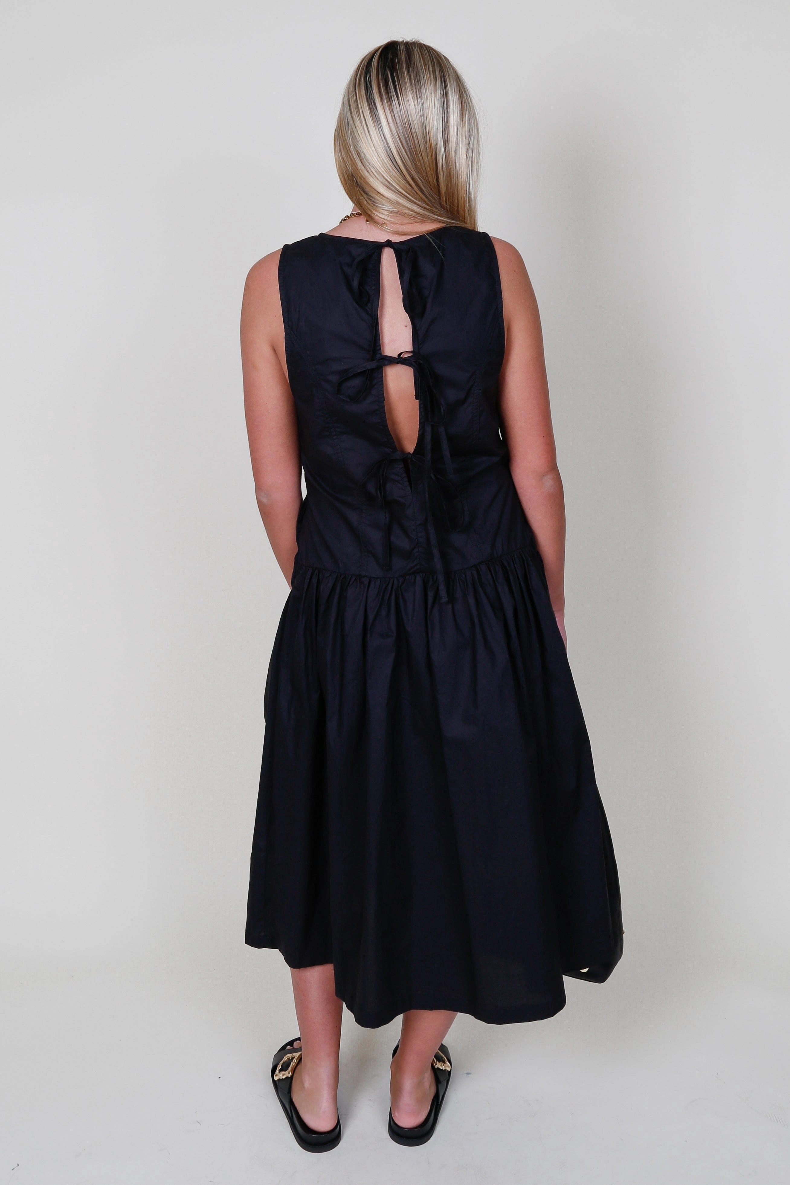 Garden Fresh Casual Outfit Poplin Drop Waist Maxi Dress - Black