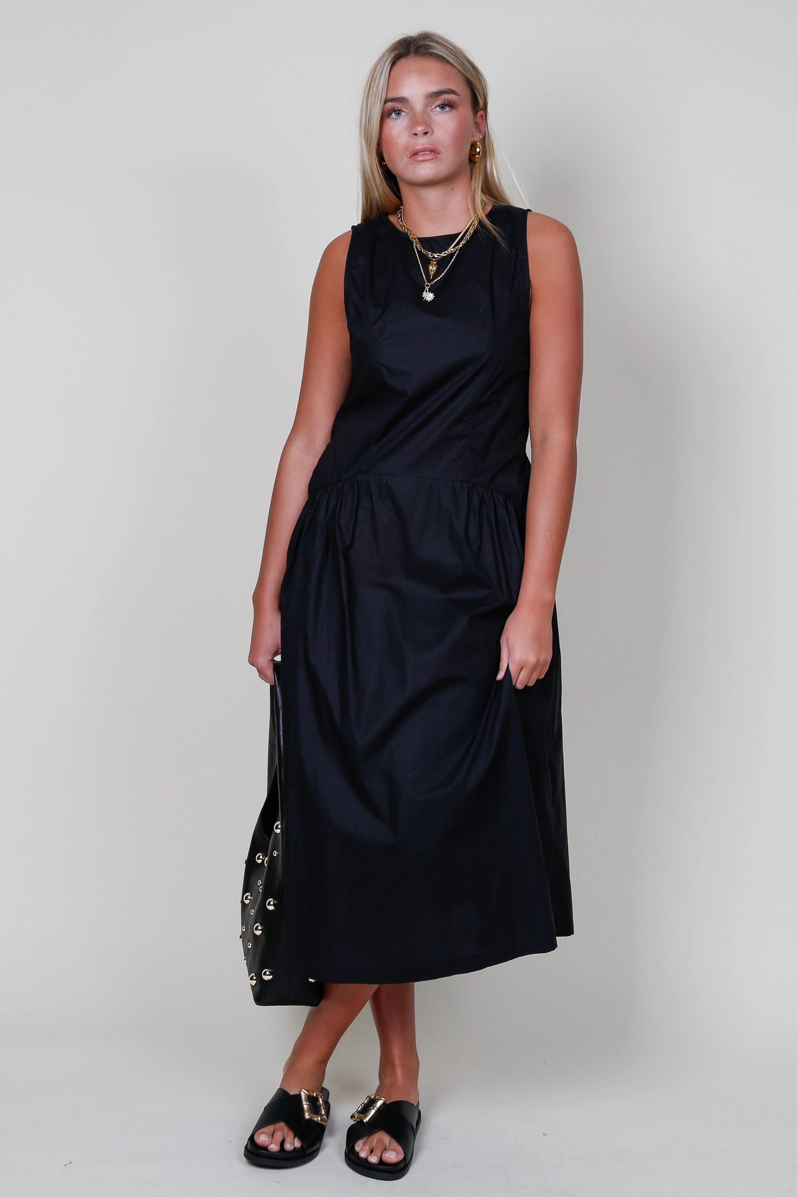 Layerable Piece Work Favorite Poplin Drop Waist Maxi Dress - Black
