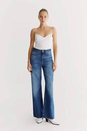 DoubleLayeredHem TaglessDesign Maria High Waisted Wide Denim Trousers - Astra Blue L30