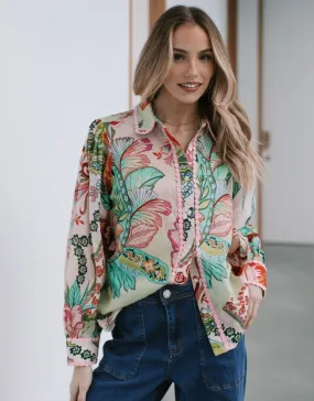 Short Sleeve Stretch Fit Technology Tropezena Lace Trim Blouse - Pink/Green